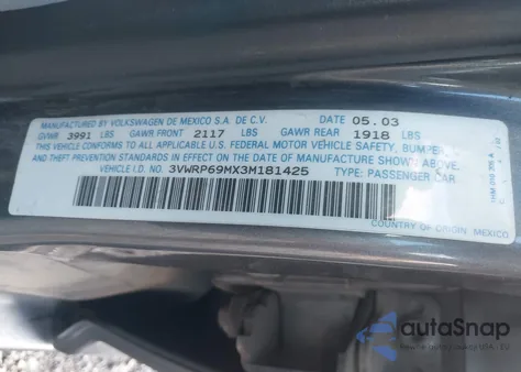 2003 Volkswagen Jetta Gl Tdi z USA, uszkodzony, nr VIN 3VWRP69MX3M181425